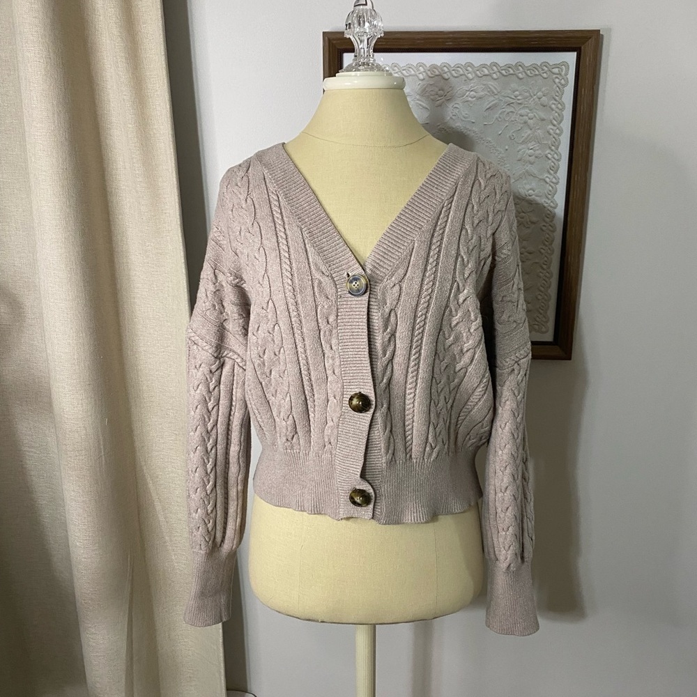 Marled Cable Knit Cardigan - Beige